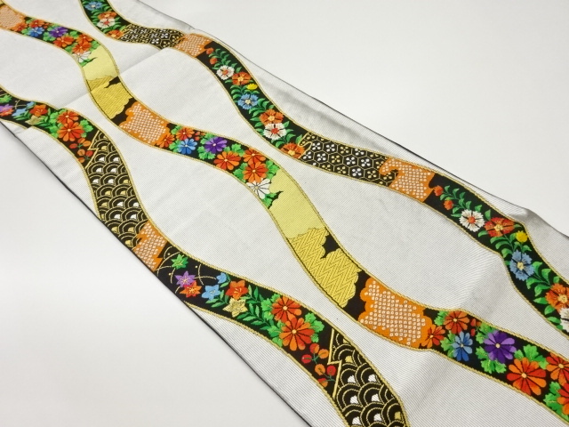 JAPANESE FUKURO OBI / WOVEN AUTUMN FLOWERS & TATEWAKU PATTERN